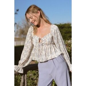 Lulus Effortless Aspect Ivory Floral Print Cropped Balloon Sleeve Top White